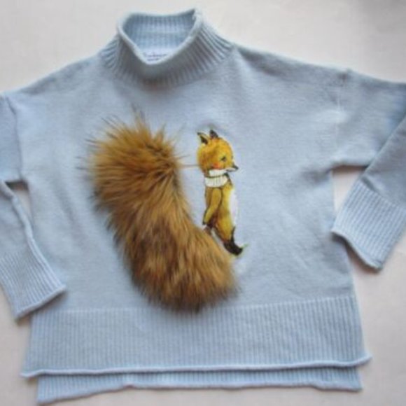 M Faux Fuzzy Foxtail Pullover Sweater Blue Boxy Applique Cuddly Korea - Picture 5 of 7